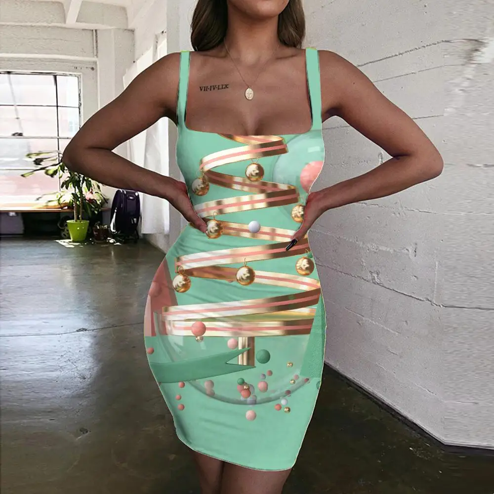 

KYKU New Year Dress Women Christmas Tree Vestido Sexy Green Halter Sleeveless Womens Clothing Summer New Korean Style Femme