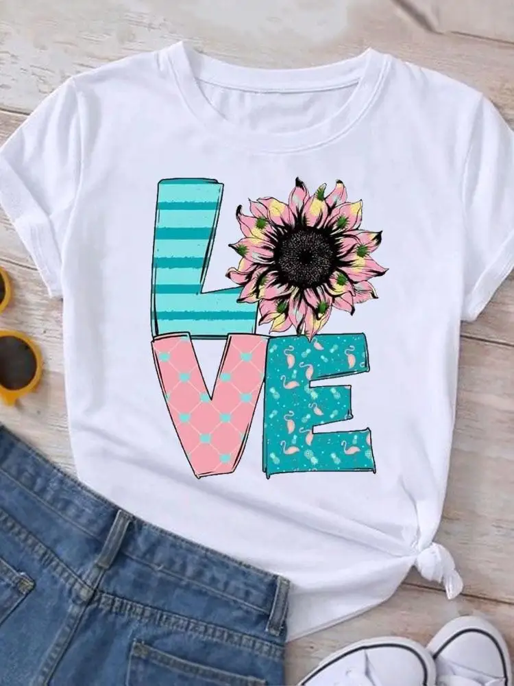 

Letter Love Flower 90s Graphic T Shirt Casual Clothing Summer Short Sleeve Women Print Fashion Clothes Tee T-shirt Female Top
