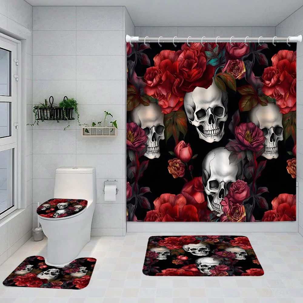 

Набор для ванной комнаты с цветочным черепом и занавеской для душа и ковриком
