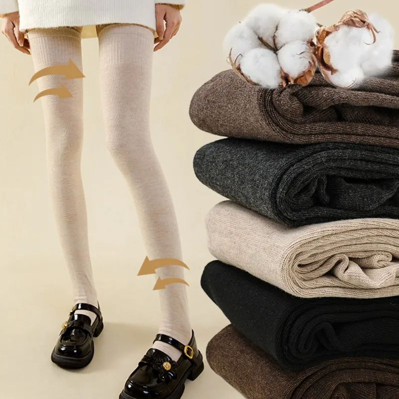 Зимние утолщенные чулки для женщин и девочек однотонные теплые носки выше колена
