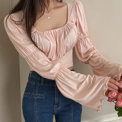 Korean Slim Elegant Cute Edge Design Pile Up Sleeves Women's Blouse 2023 Spring Summer New Thin Girls Kawaii Trendy Crop Tops