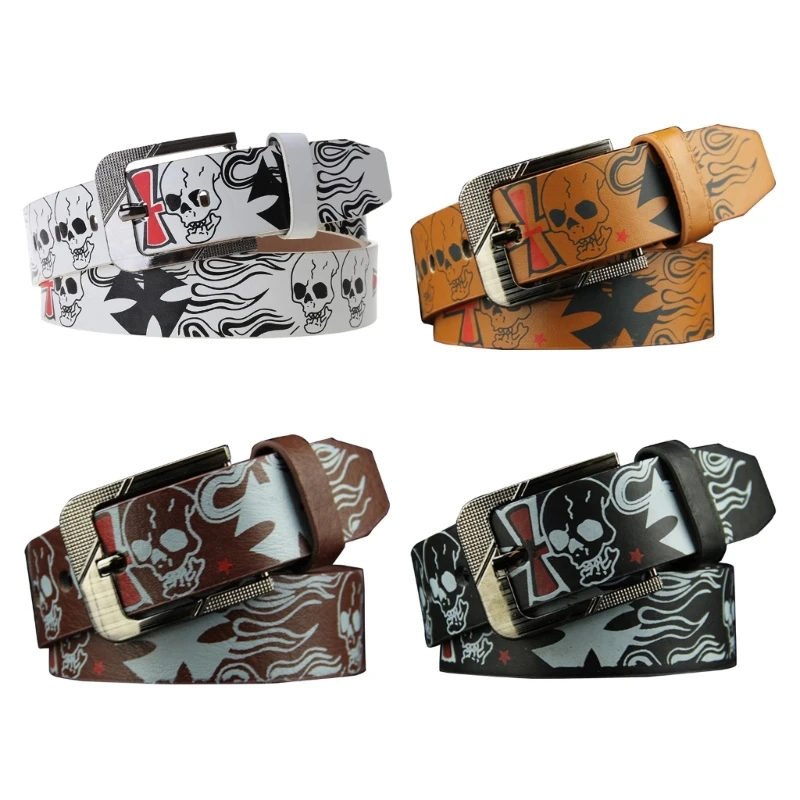 2023 New Men Belt for Jeans Skull Print Pin Buckle Belt for Women Punk-Style PU Leather Belt Pants Decors Clothing Accessories