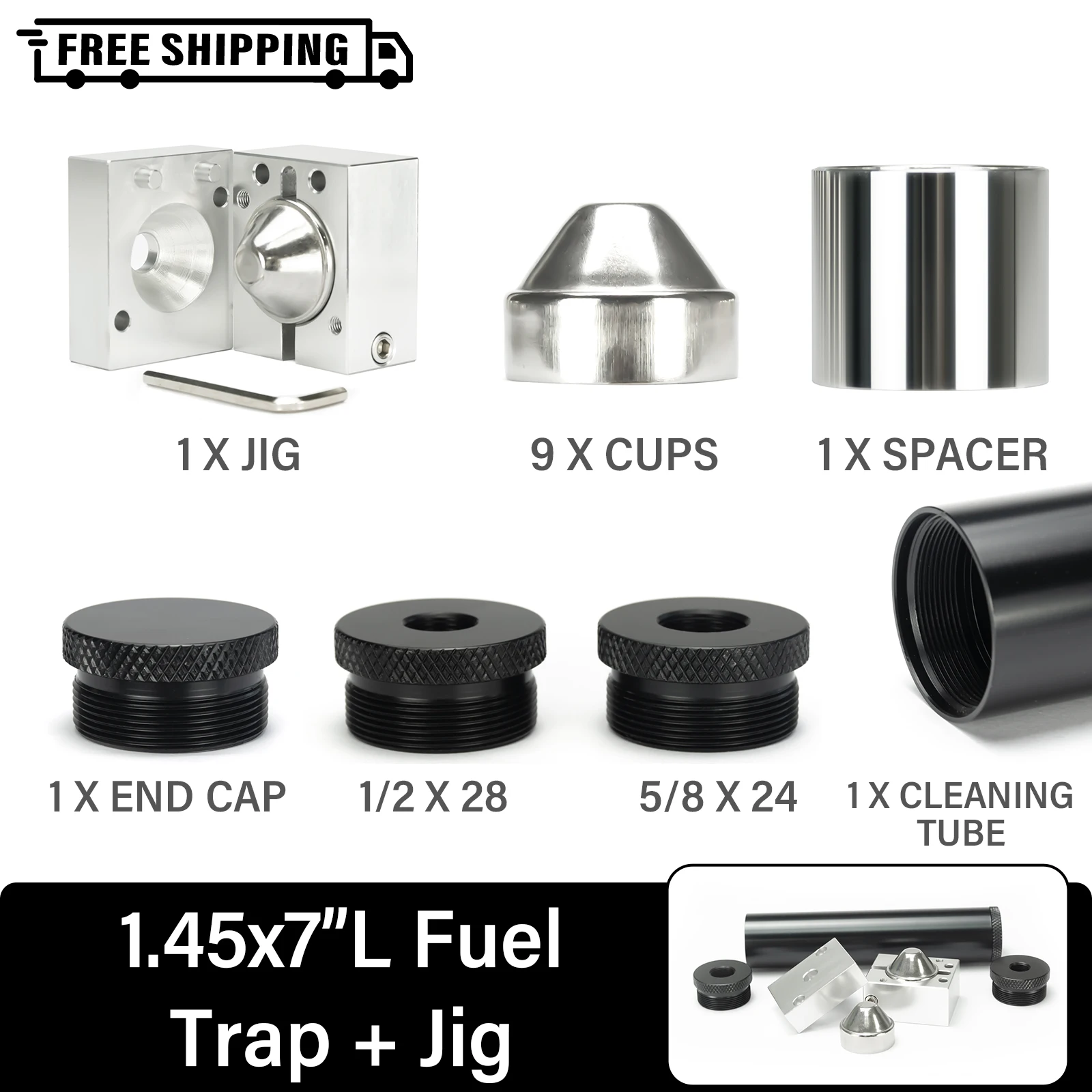 

1.45"OD 7"L Aluminum End Caps 1/2x28 + 5/8x24 Solvent Cleaning Filter 9pcs Stainless Steel Baffle Cone Cups with Guide Drill Jig