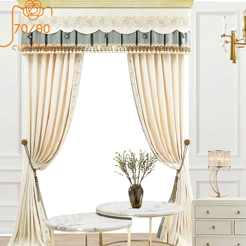 Romantic French High-end Embroidery Stitching Thick Flannel Blackout Curtains for Living Room Bedroom Finished Valance