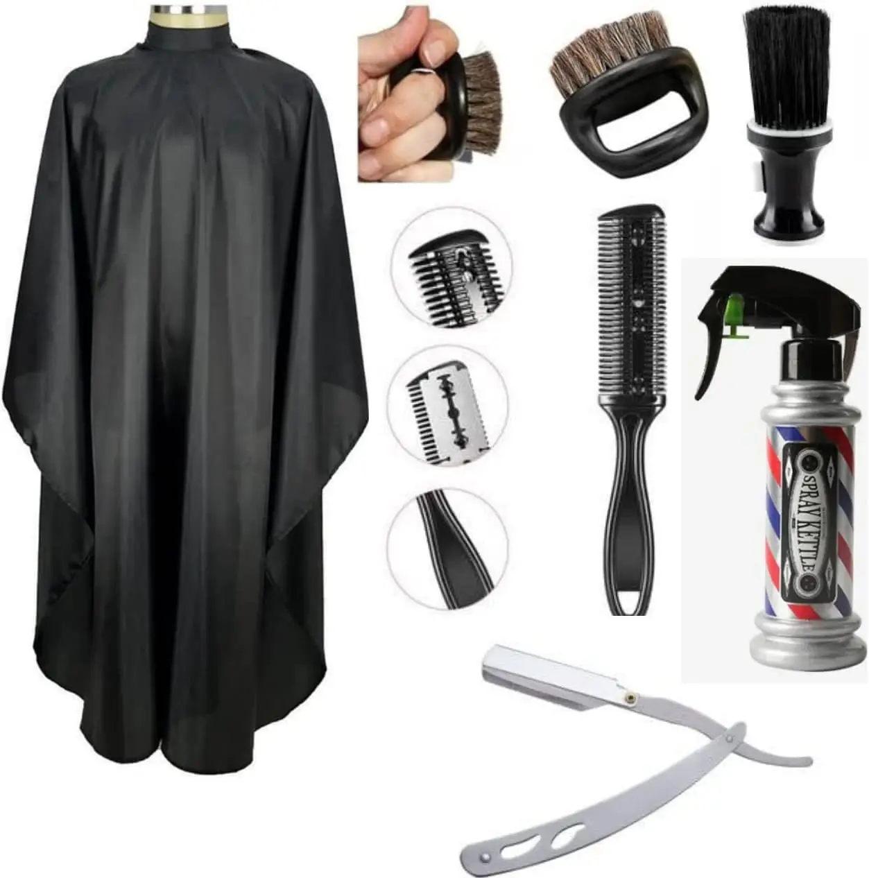 

Barbeiro, Capa De Corte Profissional + Borrifador com Barbeiro + Espanador Talqueira + Navalhete e Pente Desfiadeira