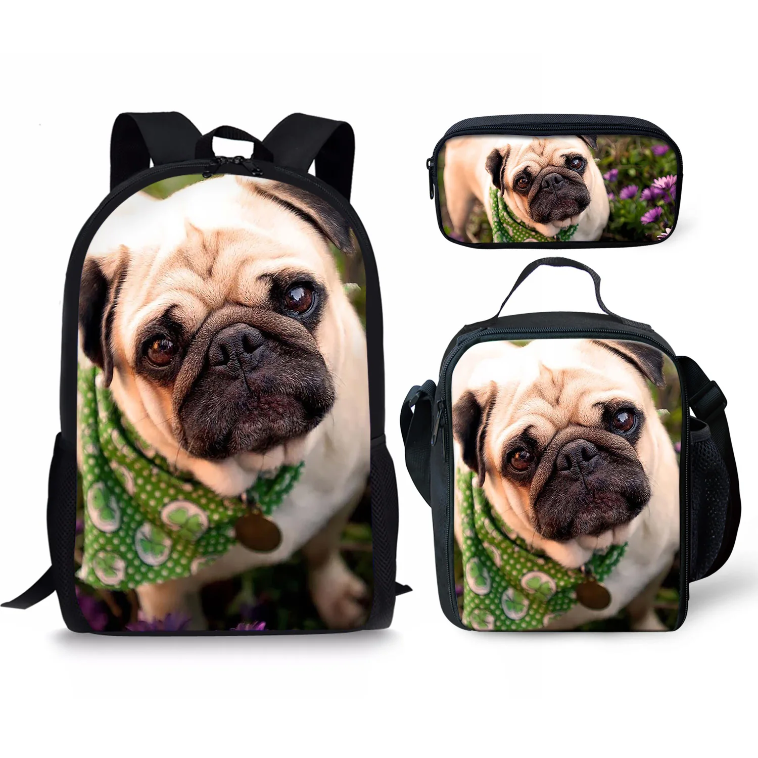 Adorable Pug Style Print New Large Schoolbag Pencil & Lunch Bag Student School Backpack Waterproof Capacity Primary Book Bags