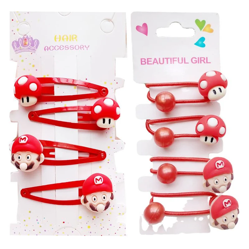 

4pcs Super Mario Bros Girl's Hairpin Set Cartoon Mushroom Mario Head Rubber Band Lady's Headdress Head Rope Children Gifts