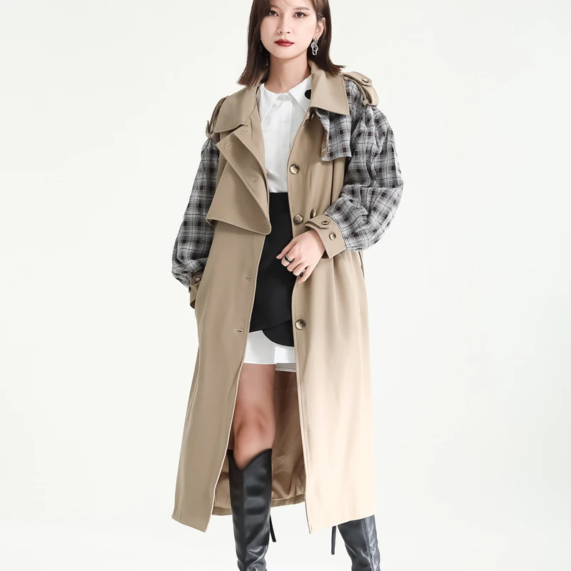 

Johnature Autumn New Fashion Patchwork Long All Match Loose Women Trench 2023 Simple Turn-down Collar Pockets Bandage Coats