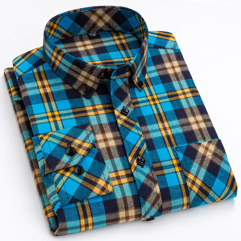New Plus Size M~8XL Pure Cotton Flannel Plaid Shirts For Mens Long Sleeve Dress Shirt Male Casual Soft Comfort Slim Fit Clothing