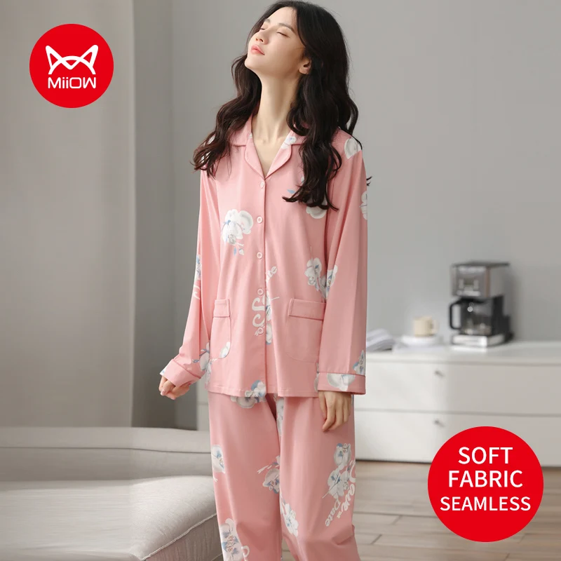 

MiiOW Spring Women's Pajamas Set Long Sleeve Cotton Loungewear Elegant Floral Turn-down Collar Women Sleepwear Leisure Homewear