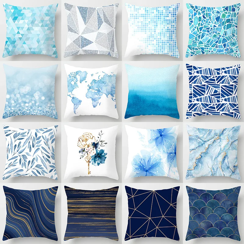 

Simple Blue Printed Square Pillowcase Geometric Marble Cushion Cover Car Sofa Bedding Decorative Pillowcover Home Decoration