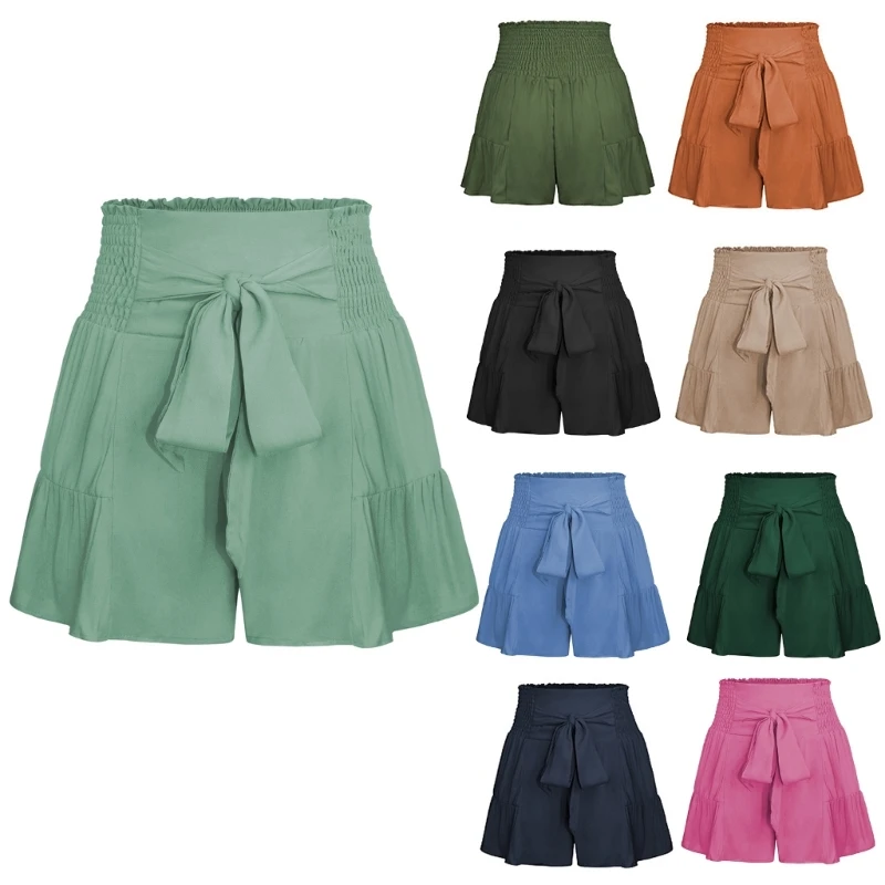 

Womens Casual Summer Ruffle Hem Flared Flowy Shorts Smocked Elastic High Waist Tie Front Wide Leg Loose Swing Short Pant