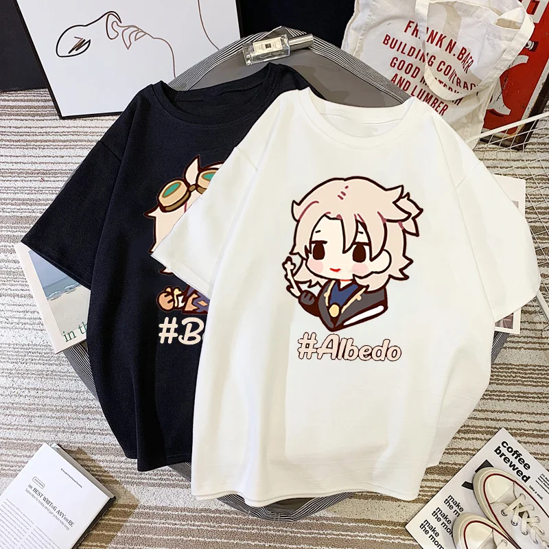 

Genshin Impact Game Graphic T Shirts Kawaii Cartoon Albedo Bennett Print Tops Woman Man Anime Streetwear Game Character Tee