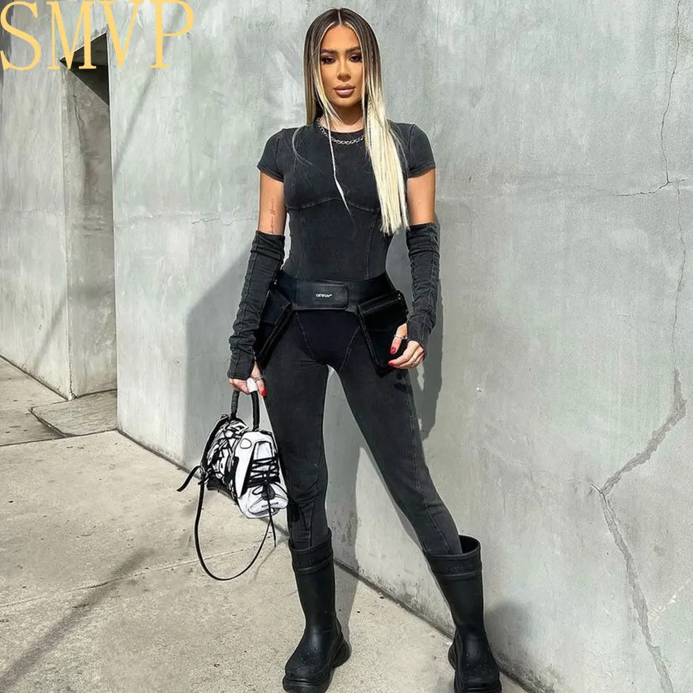 

SMVP 2023 Spring One Piece Denim Bodysuits Pencil Romper Cropped Short Sleeve O Neck Jeans Style Models Tall Girls Clothing