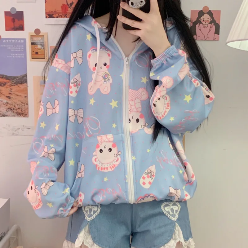 sweet Autumn Harajuku Kawaii Zip Up Hoodies Teens Girls Cute Cartoon Bear Printed Hooded Sweatshirt Casual Loose Fashion Outwear