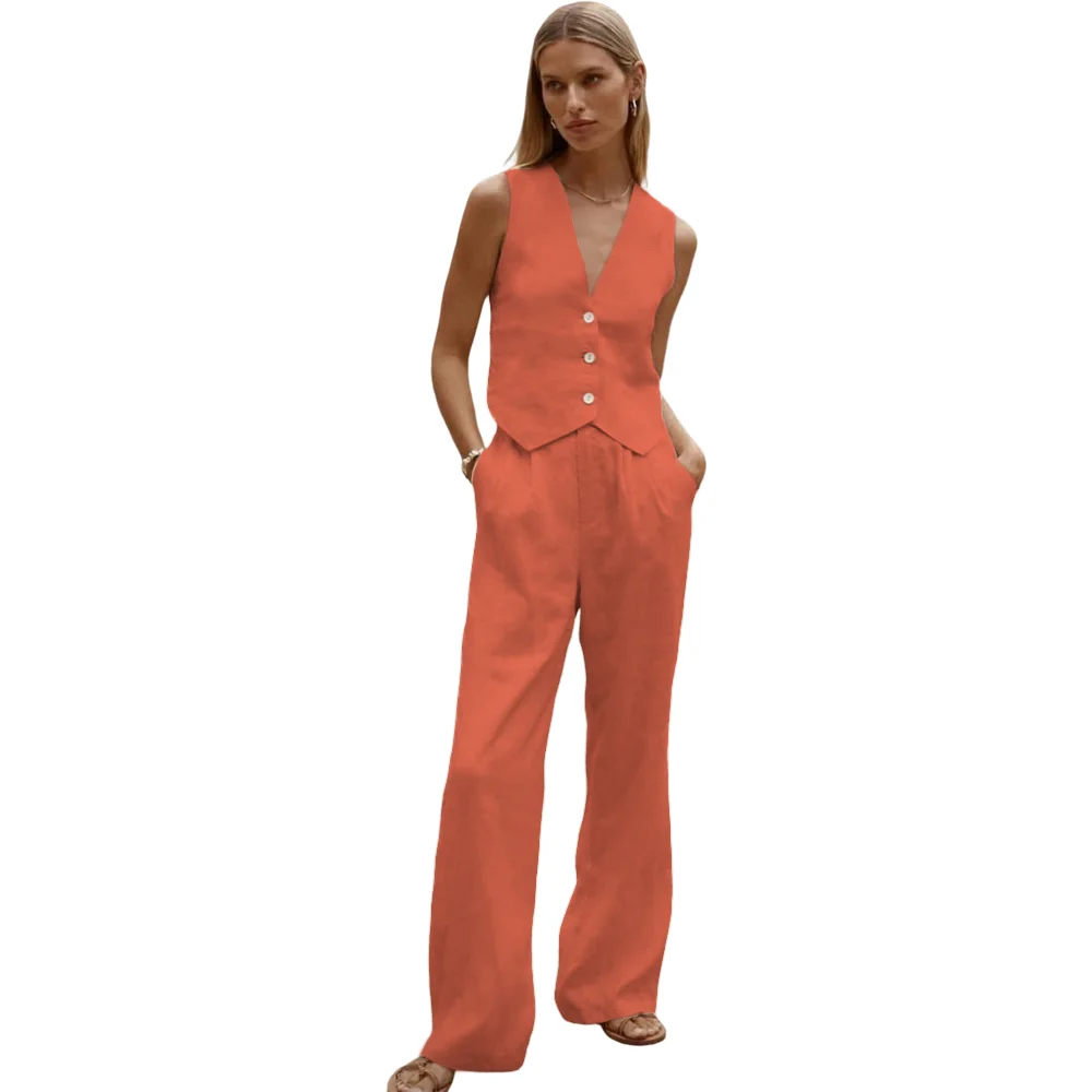 Summer Elegant Cotton Linen Women's Vest & Long Pants Set - Ideal for Office, Casual, Parties, Dances and Weddings