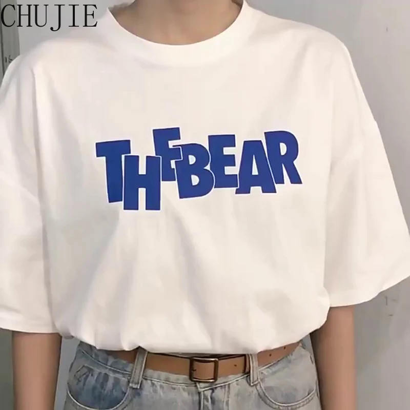 

2022 New Fashion Woman Tshirts Summer Casual Short-sleeved Loose White Tops Bear Print T-shirt Bottoming Shirt Women