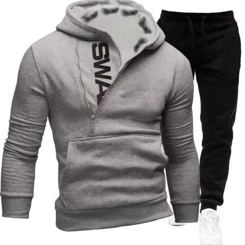 Spring Autumn Men's Sweatshirt Suit Letter Printed Zipper Pockets Hoodie+Drawstring Sweatpants Fashion Male 2Pcs Set