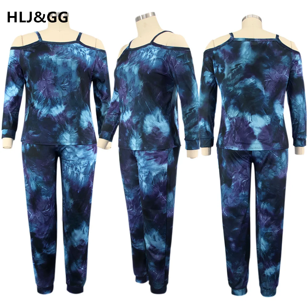 HLJ&GG Tie Dye Off Shoulder Plus Size Sport Casual Suits Sets Women 2Pcs Tracksuit Fashion Long Sleeve T-Shirt+Long Pants L-5XL