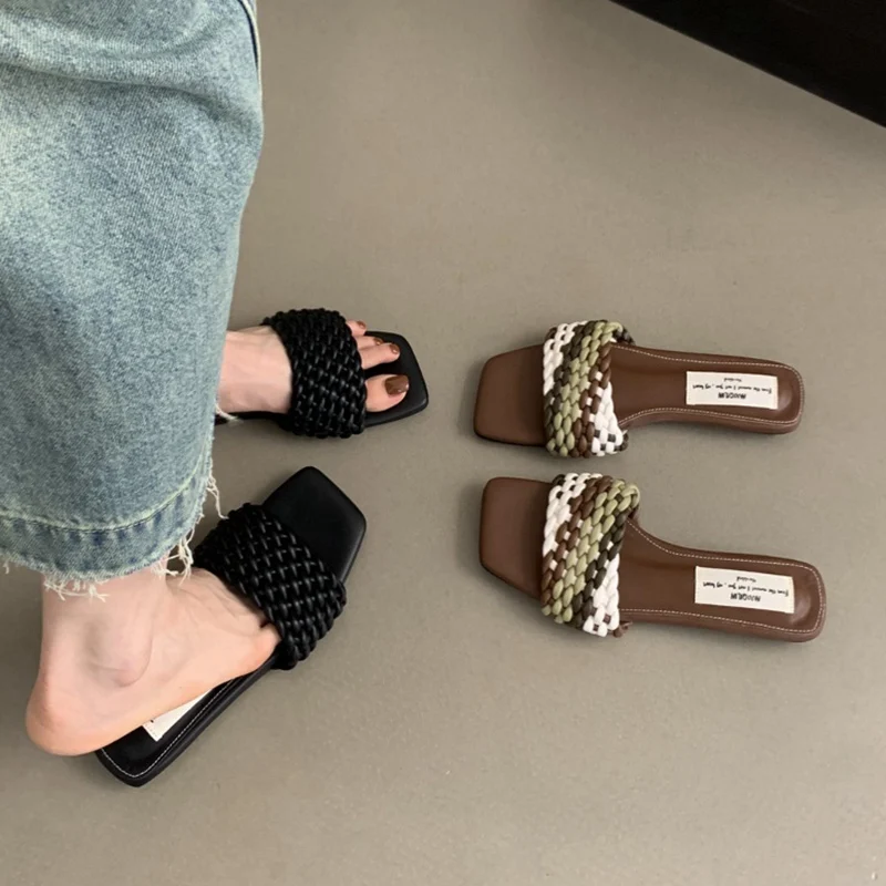 Шлепанцы женские с квадратным носком сланцы Повседневная пляжная обувь плоская