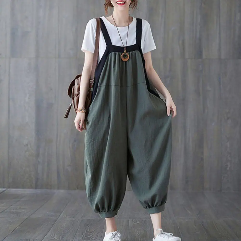 

Women Jumpsuit Summer Square Collar Sleeveless Rompers Patchwork Color Bibs Overall Suspender Ankle-length Harem Pants Romper