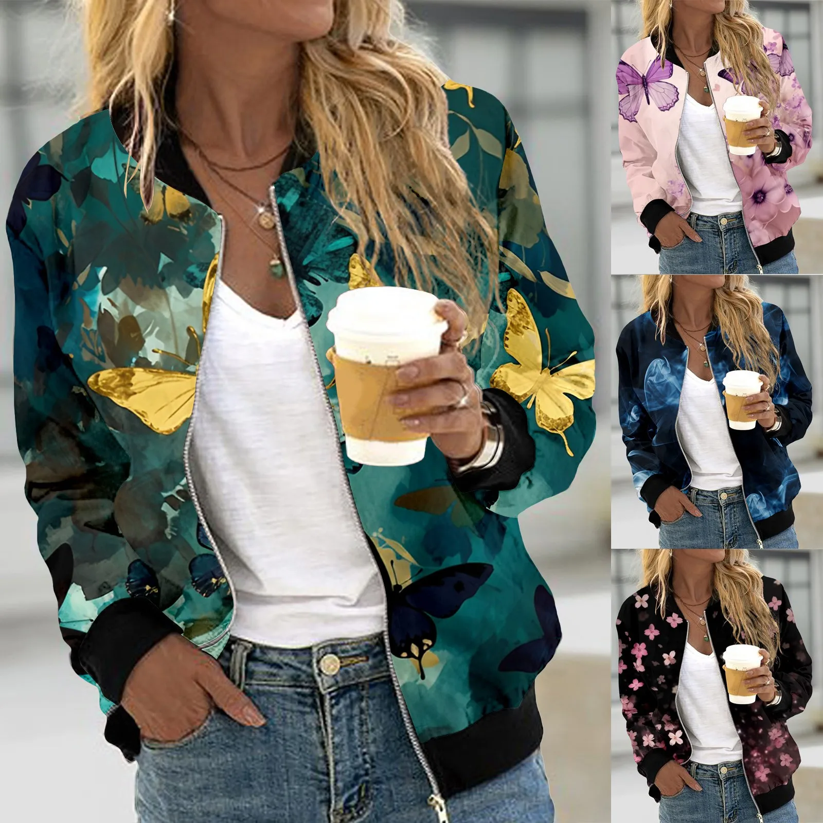 Женские повседневные куртки на молнии пальто с цветочным принтом короткие
