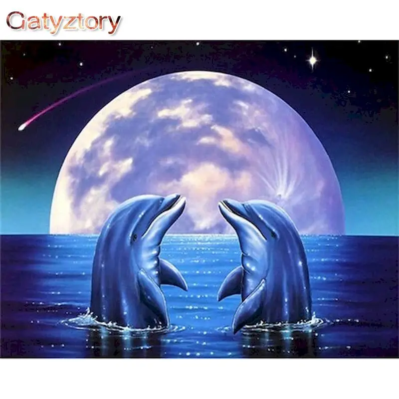 

GATYZTORY Frame Painting By Numbers For Adults Moon Dolphin Scenery Drawing Coloring By Numbers Wall Art Painting Home Decor Gif