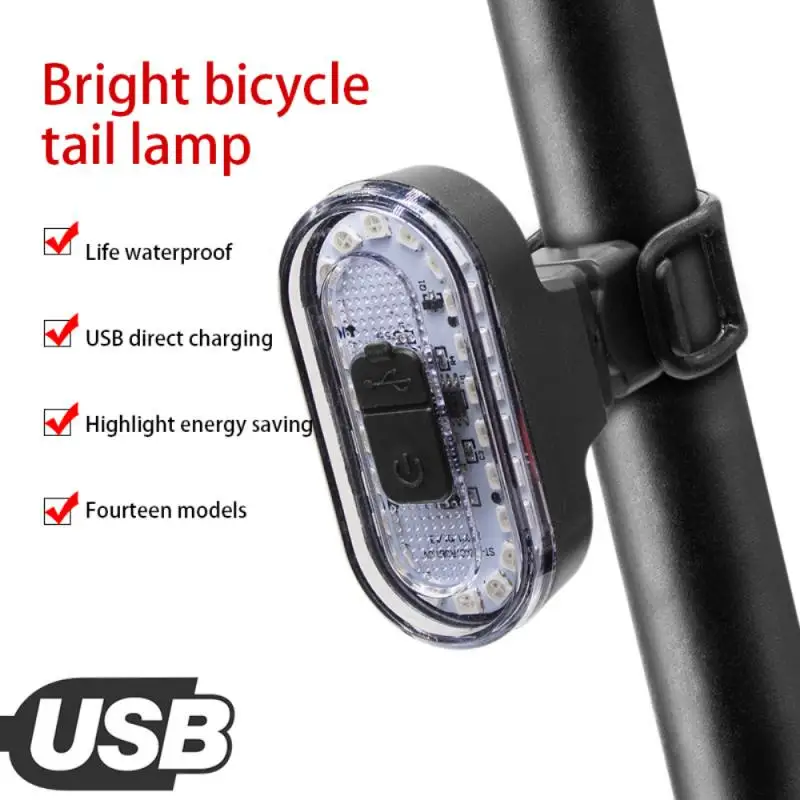 

Cycling Bike Taillight Waterproof 14 Light-emitting Modes Usb Charging Highlight Safety Warning Lamp Colorful Bicycle Rear Light