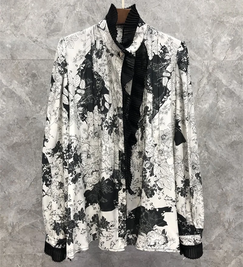 

100%Silk Shirts 2022 Spring Summer Blouses Women Vintage Prints Pleated Deco Long Sleeve Casual Work Shirts Ladies Loose Blouse