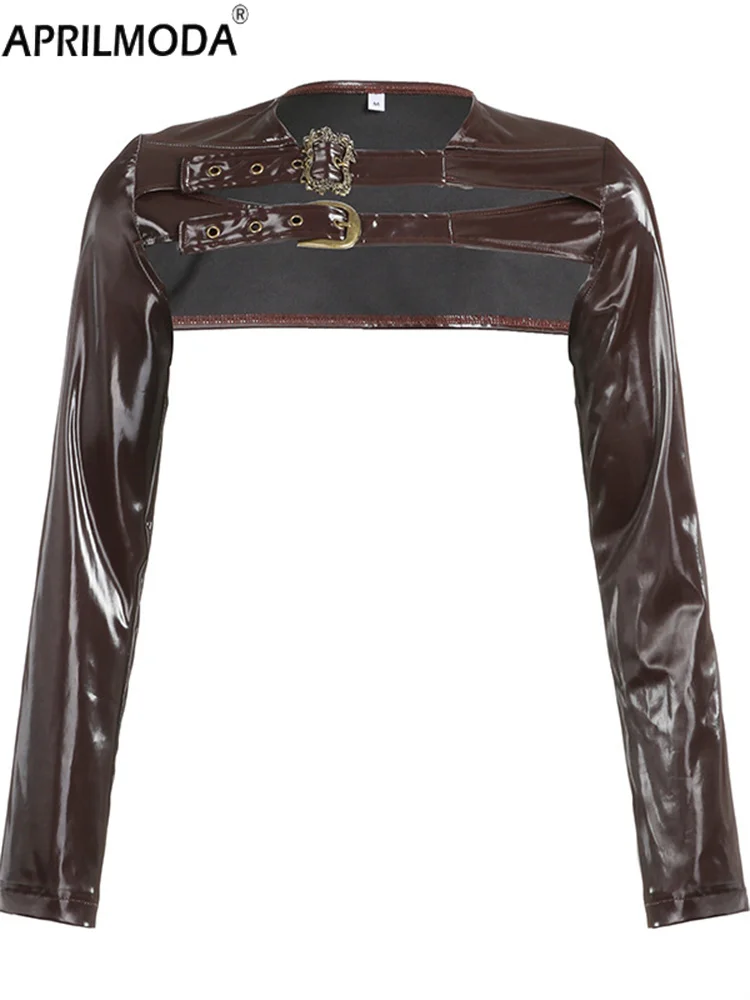 

Женская укороченная куртка из искусственной кожи с металлическим покрытием Y2K, винтажное эстетическое короткое пальто в стиле панк-рок для клуба, мотоциклетная куртка Harajuku Goth для женщин