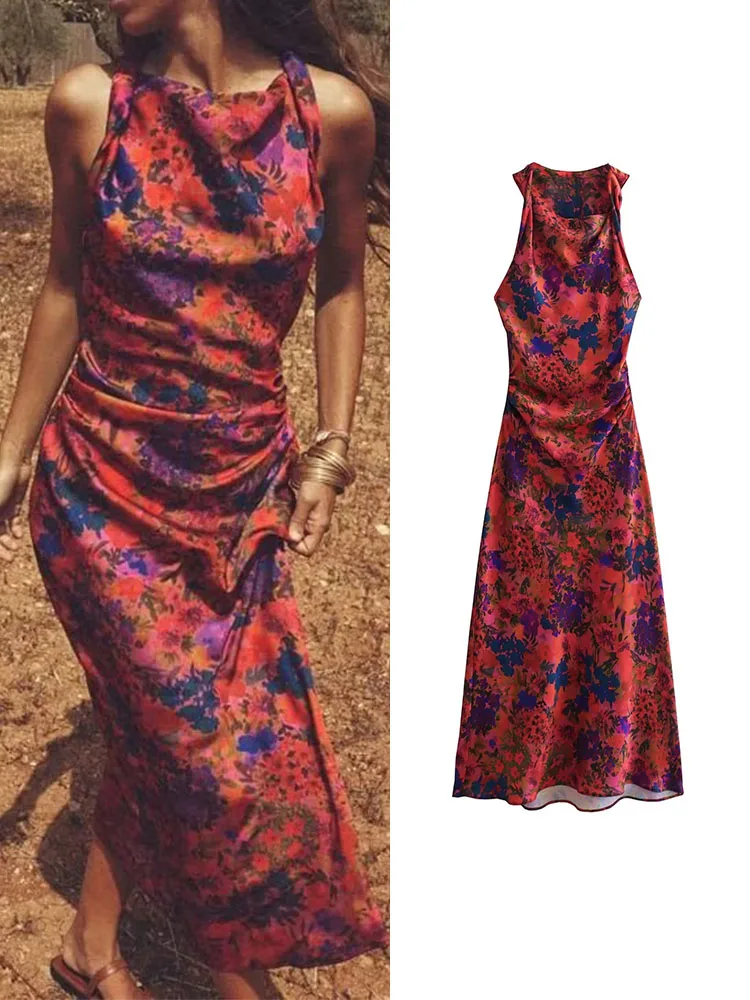 

TRAF Elegant Women Printed Pleated Mid-Calf Dress 2023 Summer Fashion Female Sleeveless O-Neck Causal Folds Party Long Dress