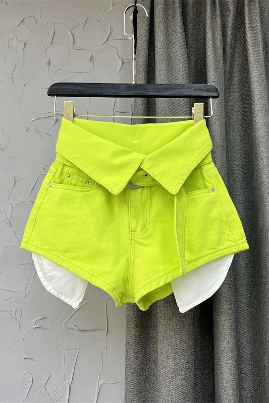 Fashion Style Design Sense Flanging High Waist Wide-Leg A-line Shorts Fluorescent Color Hot Girl Exposure Pocket Denim Hot Pants