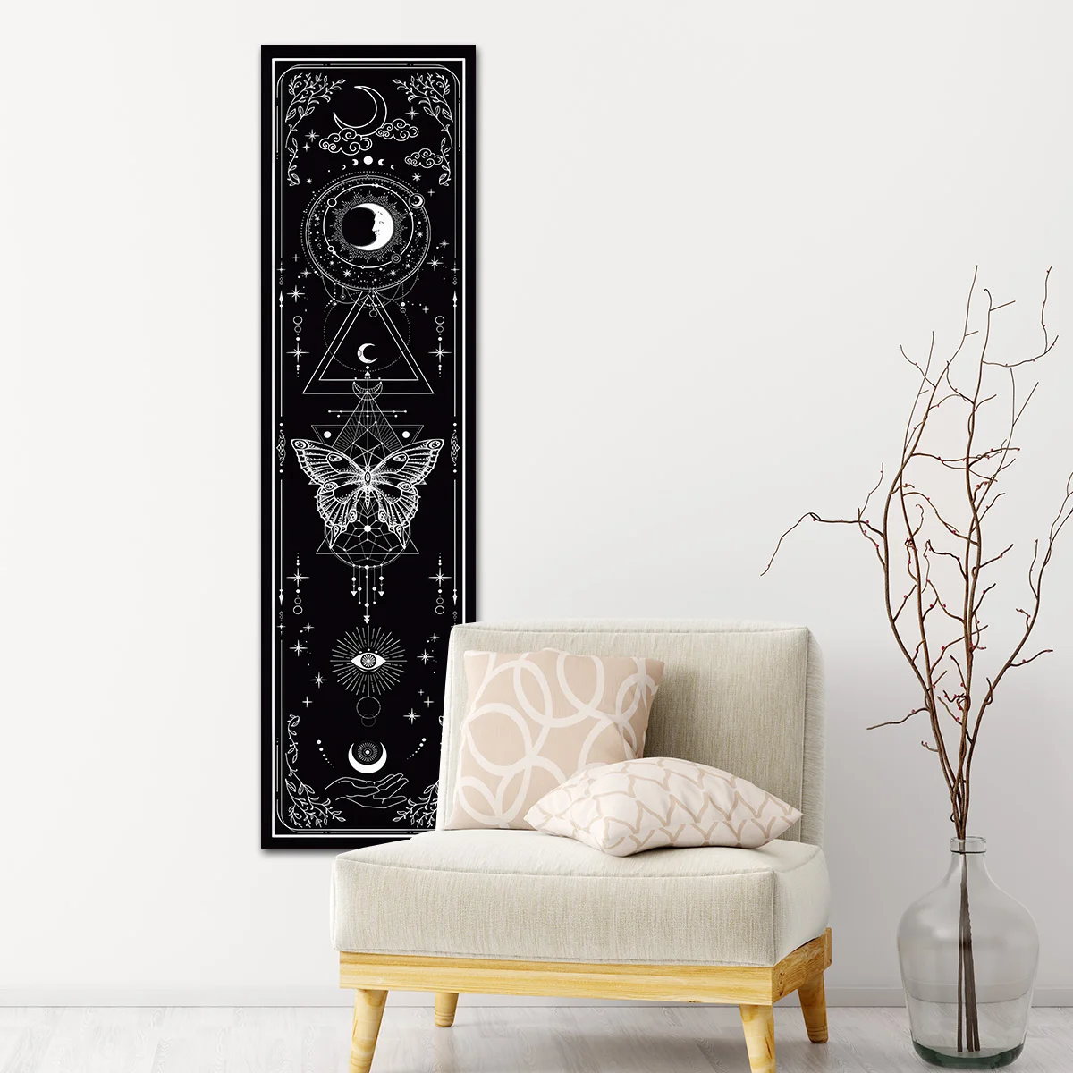 Солнце Луна и звездное небо настенный гобелен готический черный белый бабочка