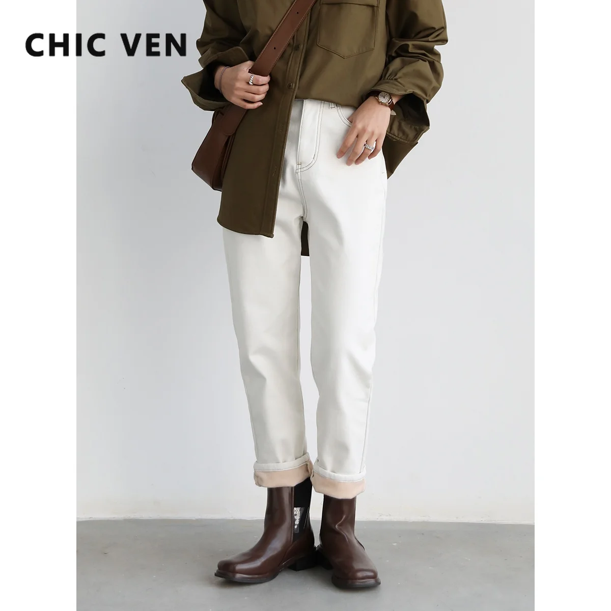 

CHIC VEN Women Denim Pants High Waist Casual Solid Tapered Trousers Thick Fleece Warm for Women Jeans Plush Winter Waterproof