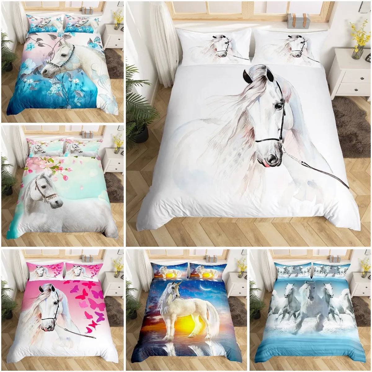 

White Horse Duvet Cover Set Queen Size for Boy Men 3D Steed Print Bedding Set Wildlife Comforter Cover Animal 2/3pcs Quilt Cover