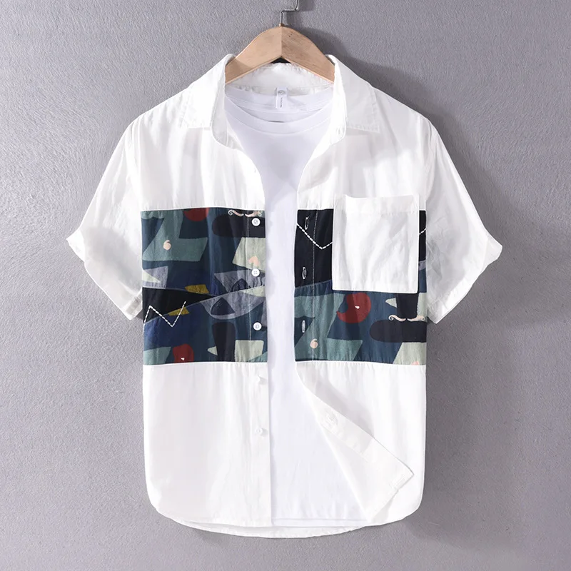 

2023 Summer New Personalized Fashion Men's Shirt Cotton Sweat-absorbing Printing Trend Short Sleeve Youth Casual Loose Top