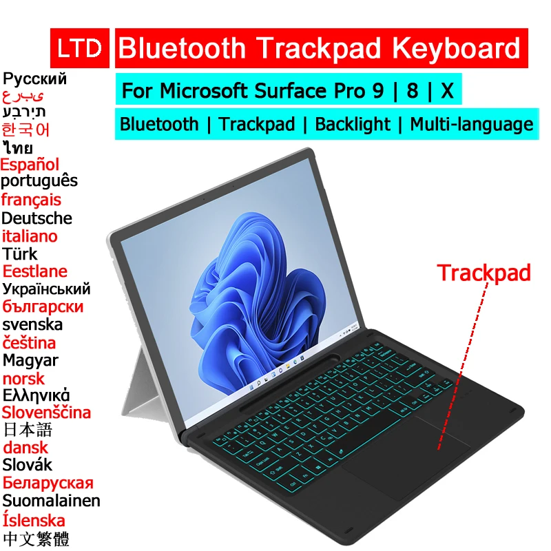 

Bluetooth Mouse Pad Keyboard For Microsoft Surface Pro 9 8 X Trackpad Russian Arabic Hebrew Korean Spanish French Thai Keyboard