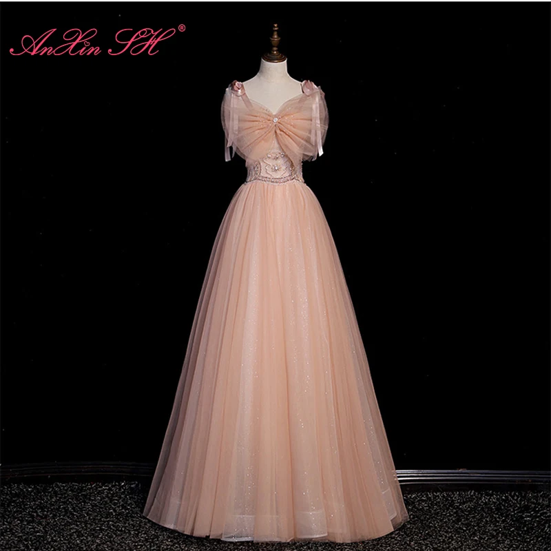

AnXin SH Queen оранжевое розовое кружевное вечернее платье французское ретро на тонких бретельках с большим бантом бисером кристаллами ТРАПЕЦИЕВИДНОЕ цветочное вечернее платье