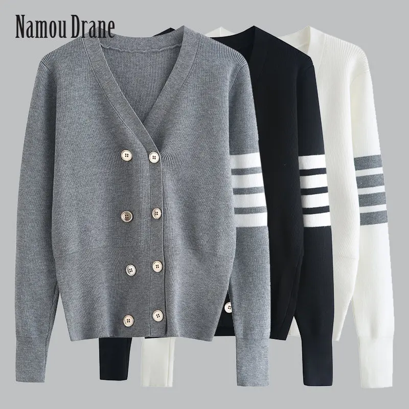 

Женский двубортный кардиган Namou Drane, трикотажный однотонный кардиган с V-образным вырезом и шерстяным рукавом, Осень-зима 2022