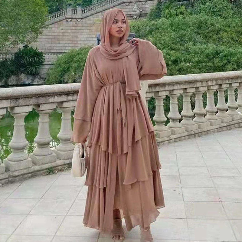 

Dubai Turkey Arab Abaya Chiffon Kimono for Women Muslim Solid Color 3 Layers Open Islamic Clothing Muslim Dresses Cardigan