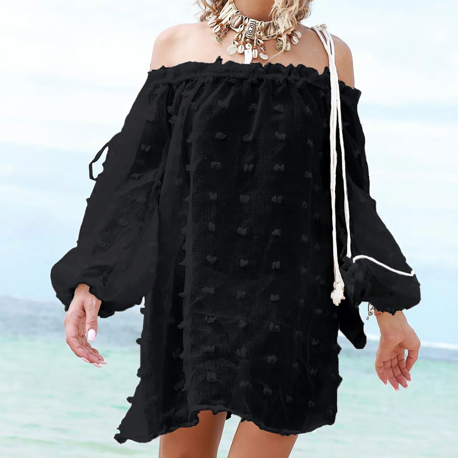 

Summer Sexy Women Polka Dot Mesh Sheer See-through Tops Bikini Cover-Ups Puff Long Sleeve Tops Blouse Shirts Beachwear Loose Top