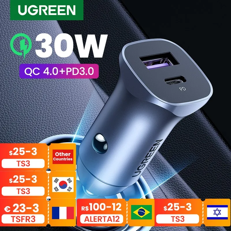 

2022 UGREEN 30 Вт автомобильное зарядное устройство USB быстрая зарядка QC 4,0 PD 3,0 Тип C 20 Вт Быстрая зарядка для iPhone 13 12 Xiaomi Samsung автомобильный телефон