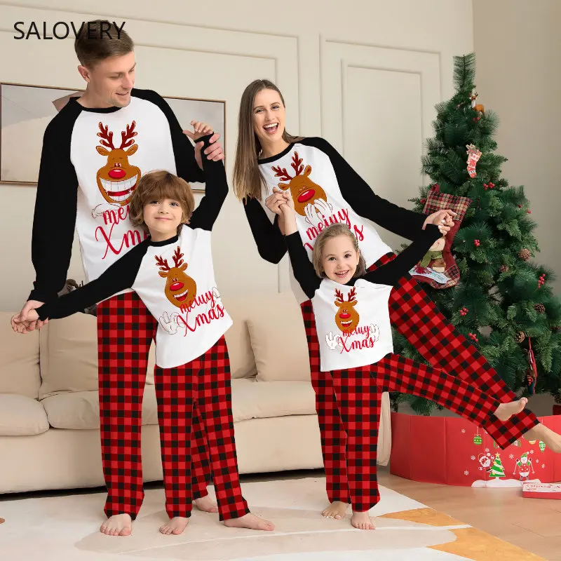 

New Christmas Parent-Child Suit Cute Deer Print Letter Plaid Christmas Family Pajamas Quality Home Xmas Family Matching Clothes