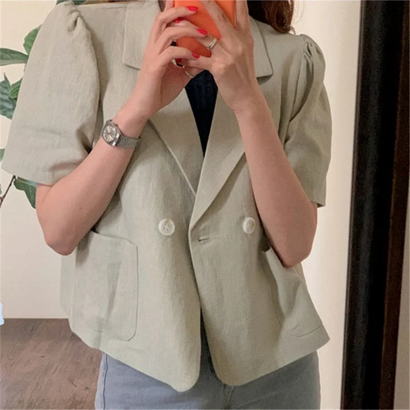 Korean Fashion Chic Puff Sleeve Blazer Jacket Short Sleeve Buttons Pockets Linen Wild Short Outerwear 2023 Autumn Women Clothes