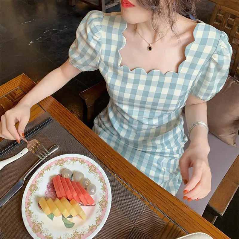 

Women Summer Elegant Party Dress Female Square Collar Vintage Plaid Print Holiday Casual Long Dresses Vestdios Feminino Faymusty