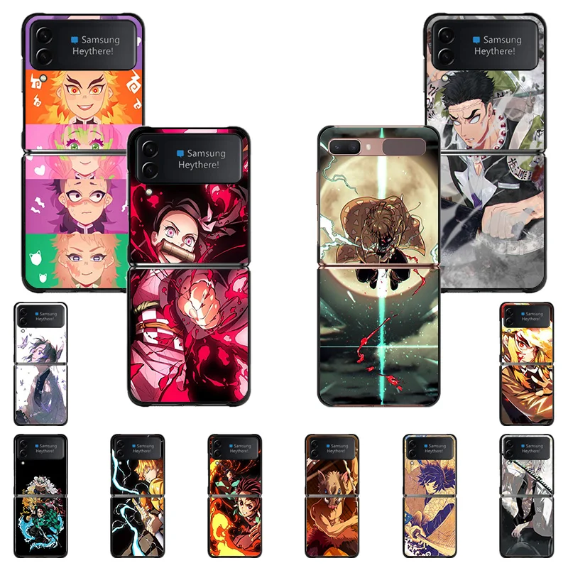 

Hard Black Phone Cases for Samsung Z Flip4 FLIP3 5G Flip Cartoon Demon Slayer Kimetsu no Yaiba Print Galaxy ZFlip4 ZFlip3 Cover