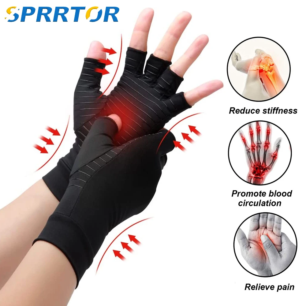 1Pair Copper Arthritis Compression Gloves Women Men,Relieve Hand Pain Swelling&Carpal Tunnel Fingerless,Support for Joints
