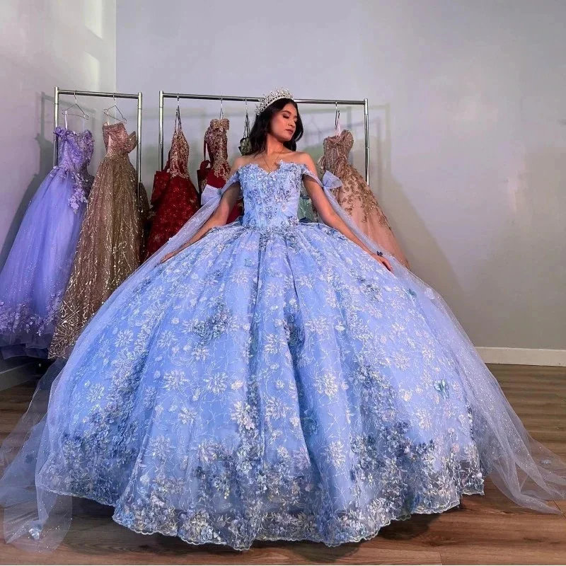 

Sky Blue Quinceanera Dresses Sleeveless Crystal Sequined Ball Gown Off The Shoulder 3D Flowers Corset Vestidos Para XV Anos