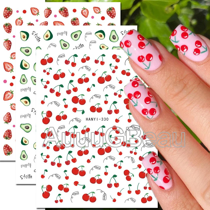 

Nail Art 3d Decals Tropical Palm Leaves Flowers Fruits Cherry Lemon Kiwi Back Glue Nail Stickers Decoration For Nail Tips Beauty