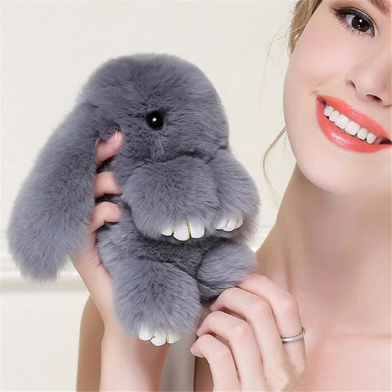 

18cm Cute Pluff Bunny Keychain Rex Faux Rabbit Fur Key Chain For Women Bag Pendant Car Fluffy Fur Doll